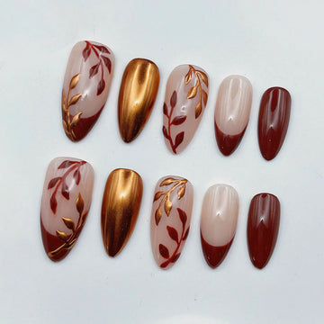 Autumn Leaves | Handmade Elegant Red Metallic Press-On Nails