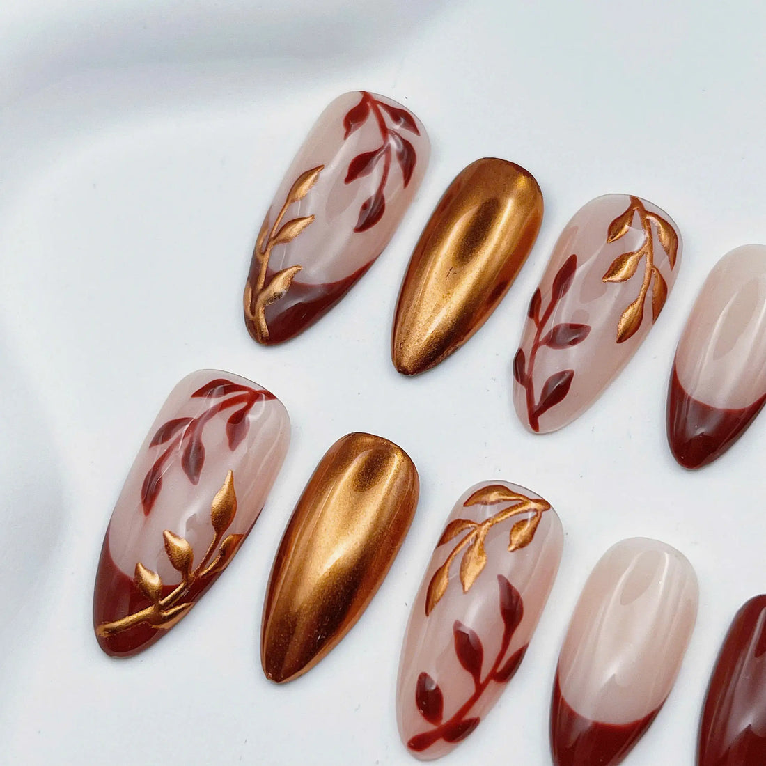 Autumn Leaves | Handmade Elegant Red Metallic Press-On Nails