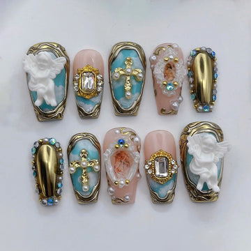 Baroque Angel | Handmade Renaissance Gold Cross Luxury Art Press-On Nails