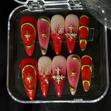 Baroque Vampire | Handmade Gothic Red 3D Gold Chrome Celestial Press-On Nails