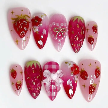 Berry Pearl | Handmade 3D Strawberry Pink Coquette Bow Gel Press-On Nails