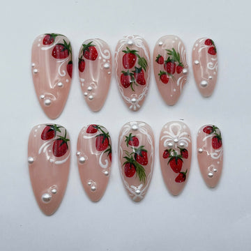 Berry Pearl | Handmade Hand-Painted Strawberry Coquette Pearl Press-On Nails