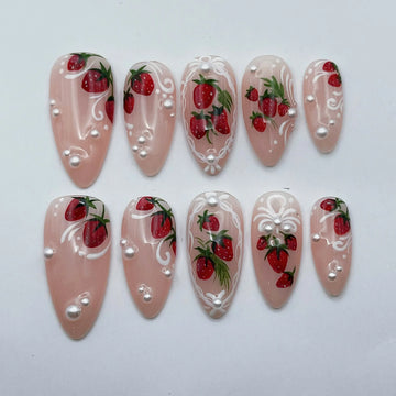 Berry Pearl | Handmade Hand-Painted Strawberry Coquette Pearl Press-On Nails