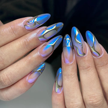 Blue Aura | Handmade 3D Gold Chrome Swirl Gel Press-On Nails