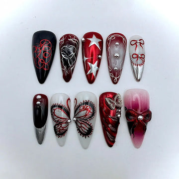 Blush Heart | Handmade Pink Aura Heart Y2K Red Star Swirl Press-On Nails