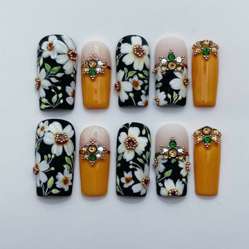 Boho Daisy | Handmade Vintage Daisy Yellow Jeweled Rhinestone Press-On Nails