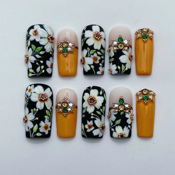 Boho Daisy | Handmade Vintage Daisy Yellow Jeweled Rhinestone Press-On Nails