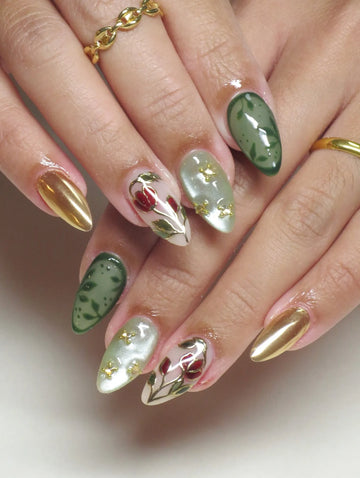 Botanical Glow | Handmade Sage Green Cat Eye Gold Chrome Press-On Nails