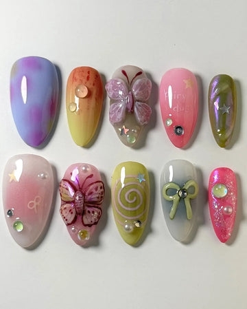 Botanical Monarch | Handmade Magenta Olive Green 3D Butterfly Press-On Nails