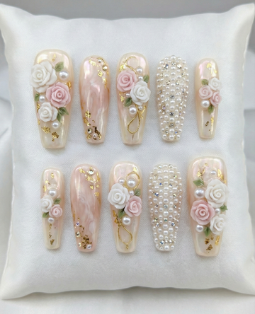 Bridal Grace | Handmade 3D Rose Floral Pearl Encrusted Press-On Nails