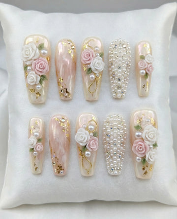 Bridal Grace | Handmade 3D Rose Floral Pearl Encrusted Press-On Nails