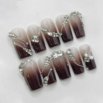 Brown Ombre | Handmade Luxury Rhinestone Gel Press-On Nails