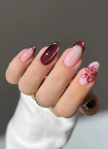 Burgundy Floral | Handmade Deep French Tip Gold Press-On Nails