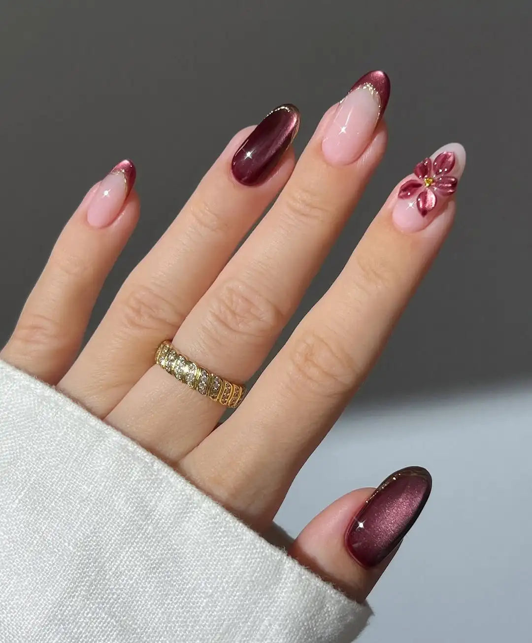 Burgundy Floral | Handmade Deep French Tip Gold Press-On Nails