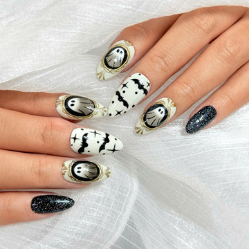 Cameo Spook | Handmade Vintage Ghost Cameo Black Glitter Bat Press-On Nails