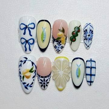 Capri Chic | Handmade Italian Summer Lemon Olive Sardine Press-On Nails