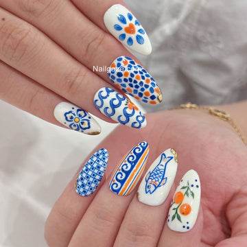 Capri Tile | Handmade Italian Summer Blue Majolica Orange Press-On Nails