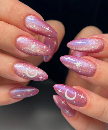 Celestial Glow | Handmade Almond Pink Cat Eye Moon Stars Press-On Nails