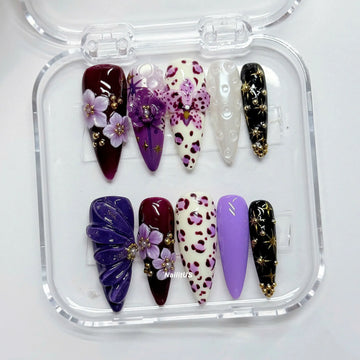 Celestial Safari | Handmade 3D Purple Floral Leopard Celestial Press-On Nails