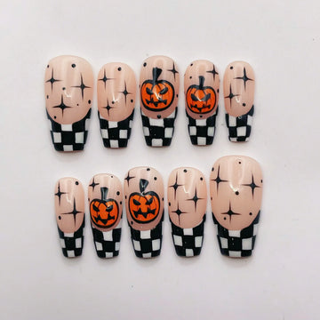 Checker Spook | Handmade Checkered Jack-o'-Lantern Spooky Pumpkin French Press-On Nails