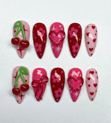 Cherry Heart | Handmade 3D Cherry Heart Pink Red Coquette Press-On Nails