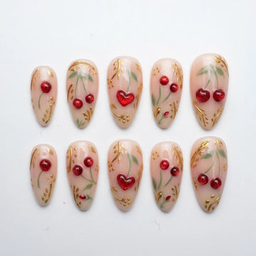 Cherry Heart | Handmade 3D Red Glitter Heart Gold Press-On Nails