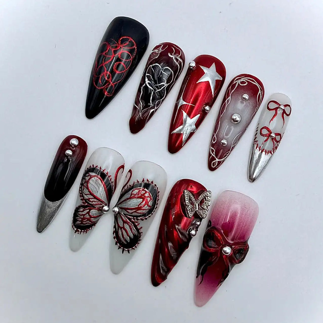 Chrome Butterfly | Handmade Red Black Star Custom Press-On Nails