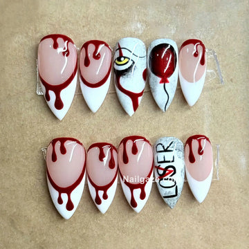 Circus Horror | Handmade Horror Clown Red Balloon Bloody Drip Press-On Nails