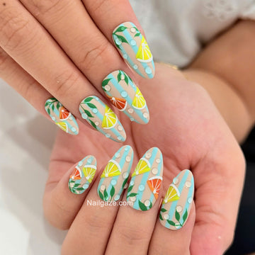 Citrus Breeze | Handmade 3D Lemon Orange Matte Striped Press-On Nails