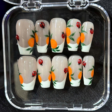 Citrus Garden | Handmade 3D Ladybug Summer Orange French Gel Press-On Nails