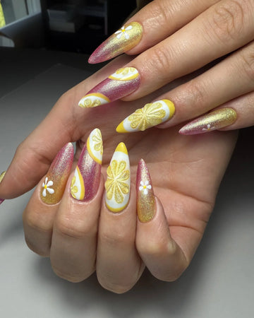Citrus Glam | Handmade Pink Gold Cat Eye Lemon Daisies Press-On Nails