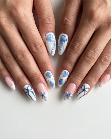 Coastal Tide | Handmade Hand-Painted Blue Ocean Jellyfish Press-On Nails