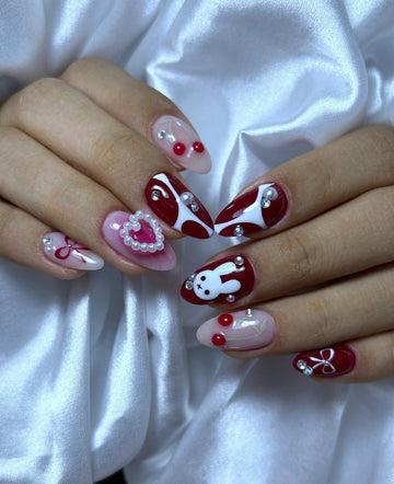 Coquette Bunny | Handmade Red 3D Pearl Heart Cherry Bow Press-On Nails