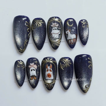 Cosmic Cowboy | Handmade Navy Blue Cat Eye Ghost Vintage Press-On Nails