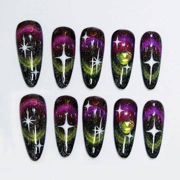 Cosmic Galaxy | Handmade Green Purple Cat Eye Press-On Nails