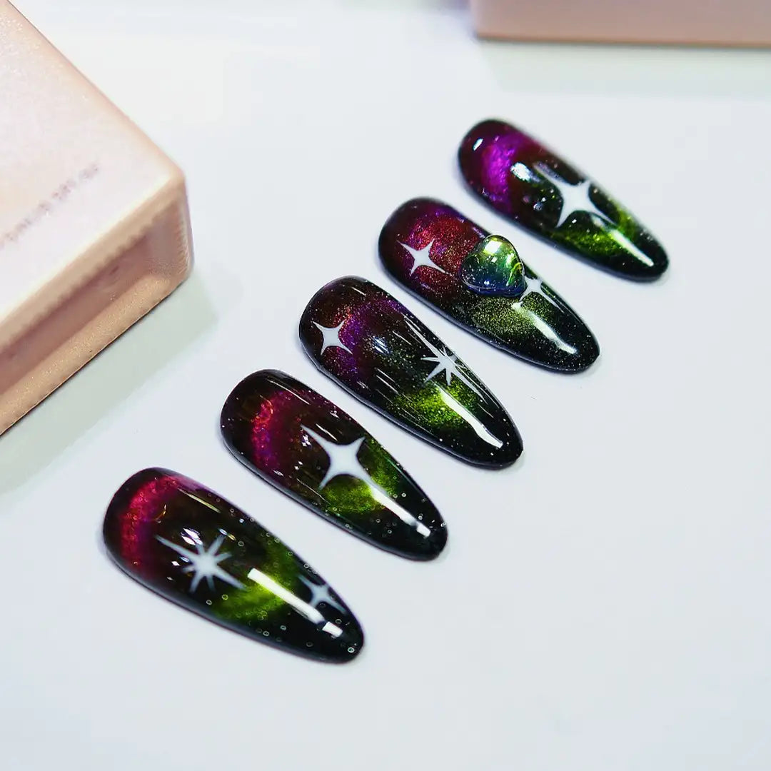 Cosmic Galaxy | Handmade Green Purple Cat Eye Press-On Nails