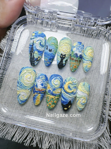 Cosmic Kitties | Handmade Starry Night Cat Celestial Art Press-On Nails