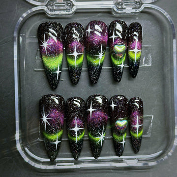 Cosmic Nebula | Handmade Galaxy Cat Eye Y2K 3D Heart Press-On Nails