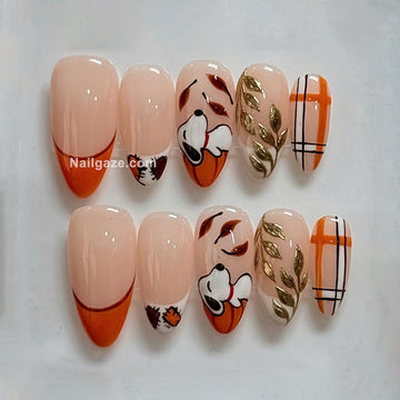 Cozy Canine | Handmade Autumn Plaid Pumpkin Cartoon Dog Reusable Press-On Nails