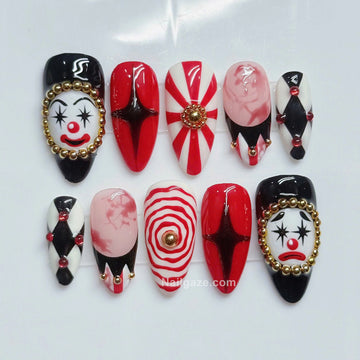 Creepy Circus | Handmade Red Black Horror Clown Halloween Press-On Nails