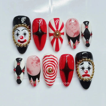 Creepy Circus | Handmade Red Black Horror Clown Halloween Press-On Nails