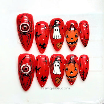 Creepy Crimson | Handmade Spooky Red Ghost Pumpkin Eyeball Press-On Nails