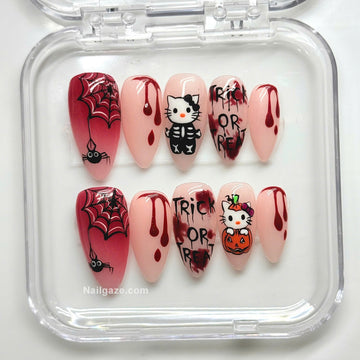 Creepy Kitty | Handmade Kawaii Cute Bloody Trick Treat Gel Press-On Nails