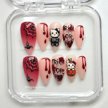 Creepy Kitty | Handmade Kawaii Cute Bloody Trick Treat Gel Press-On Nails
