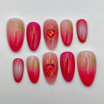 Crimson Aura | Handmade Red Aura 3D Heart Gold Starburst Press-On Nails