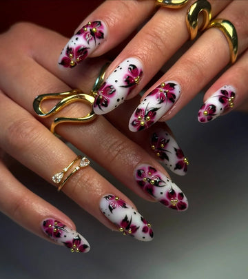 Crimson Bloom | Handmade Dark Pink Watercolor Floral Gold Press-On Nails