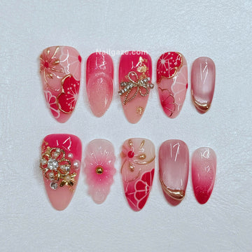 Crimson Blossom | Handmade Japanese Sakura Gold Chrome Gel Press-On Nails