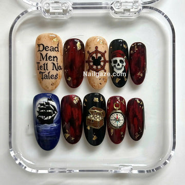 Crimson Corsair | Handmade Pirate Nautical Ship Skull Red Black Press-On Nails