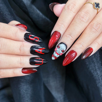 Crimson Game | Handmade Horror Movie Puppet Spiral Black Red Cat Eye Press-On Nails