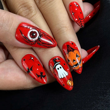 Crimson Haunt | Handmade Halloween Red Spooky Ghost Pumpkin Press-On Nails